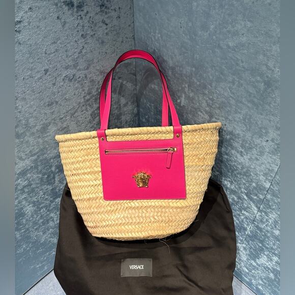 Versace Fuchsia Medusa Straw Tote Bag - Picture 1 of 6